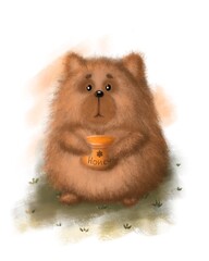 A cute bear sits on the grass with a pot of honey in his paws, isolated on a white background, children's hand-drawn illustration.