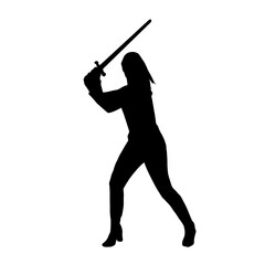 Silhouette of a female warrior carrying sword weapon. Silhouette of a woman warrior in action pose with sword weapon.
