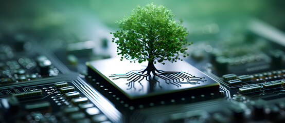 Green tree on computer chip, technology meets nature, circuit board, roots resembling wires, blending, environmental tech - obrazy, fototapety, plakaty