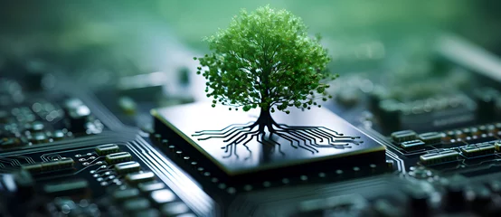 Gardinen Green tree on computer chip, technology meets nature, circuit board, roots resembling wires, blending, environmental tech © weerasak