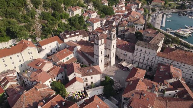 Aerial: St. Tryphon's Cathedral, Kotor, Montenegro with surrounding town