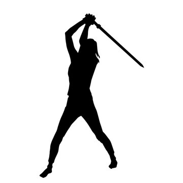 recommend clip art: Silhouette of a female warrior carrying sword weapon. Silhouette of a woman warrior in action pose with sword weapon.
                    