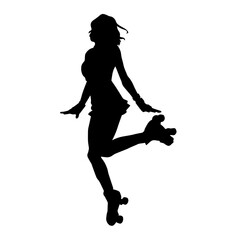 Fototapeta na wymiar Silhouette of young woman in pose on roller blade. Silhouette of a slim female in action pose on roller wheels.