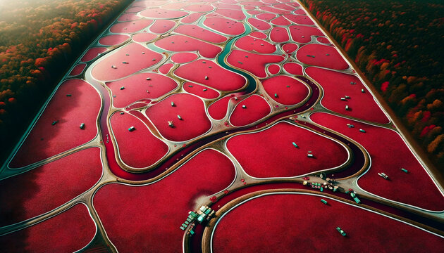 Aerial photo showing a large cranberry bog during peak harvest time. From the drone perspective, the vast water surface is painted red with dense cranberries, and the occasional movement of workers .