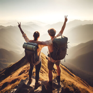 Hikers reaching mountain top with hands raised in vicory gesture