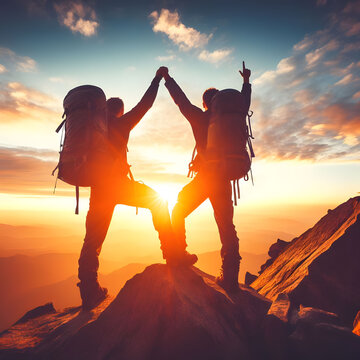 Hikers reaching mountain top with hands raised in vicory gesture