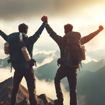 Hikers reaching mountain top with hands raised in vicory gesture