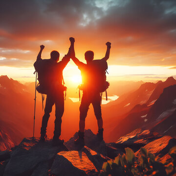 Hikers reaching mountain top with hands raised in vicory gesture