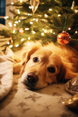 Dog lying under Christmas tree at home