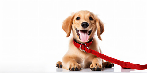 Happy Dog sitting concept with pet leash at neck waiting for going for walk.Pet lover,vet - obrazy, fototapety, plakaty