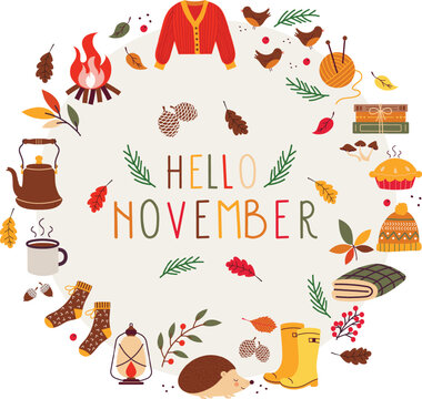 Hello November. Autumn elements round frame. Wreath of autumn elements.