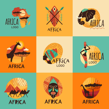 Africa logo. Travel badges or adventure print templates with african symbols recent vector illustrations with place for text