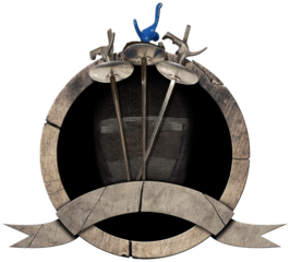 Fencing Sport. Wooden symbol or icon with fencing mask and three fencing foils and empty ribbon with copy space. Isolated on white or transparent background. Png.