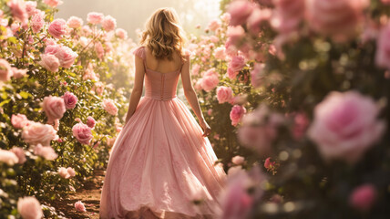 woman in pink dress with blooming roses in the garden - obrazy, fototapety, plakaty