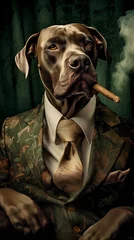 Dog dressed in an elegant suit, standing as a leader and a confident gentleman, smoking a cigarette. Fashion portrait of an anthropomorphic anima posing with a charismatic human attitude. © mozZz