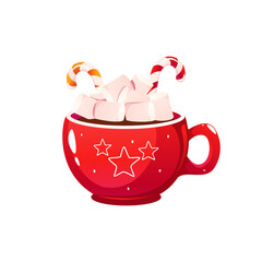 Red mug of hot chocolate, cocoa. Christmas drink with marshmallows, candy canes.Vector illustration.