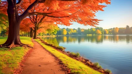 Foto op Plexiglas Baksteen Autumn, park, and lake in autumn autumn walk, Generative AI 