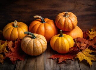 Thanksgiving pumpkins on wooden background with autumn leaves