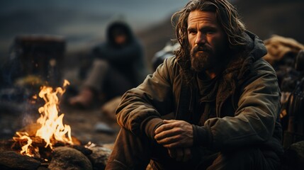 Homeless bearded man sits attempting to shielding from biting cold finding solace in flickering flames by campfire in mountains. Caucasian homeless man warming-up near campfire.