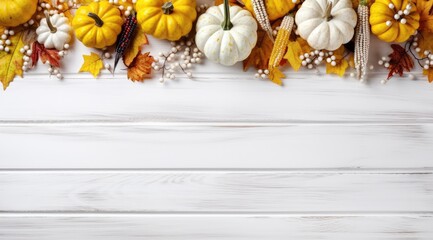 Thanksgiving pumpkins on wooden background with autumn leaves