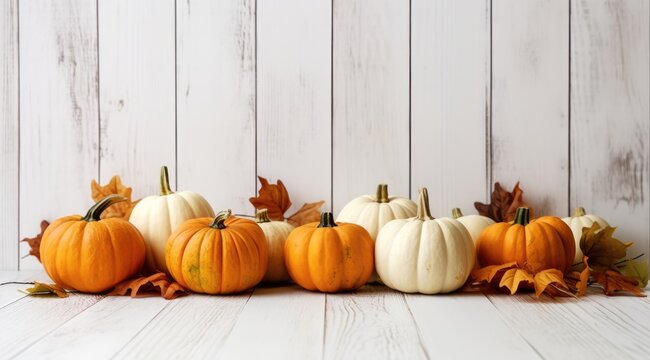 Thanksgiving pumpkins on wooden background with autumn leaves