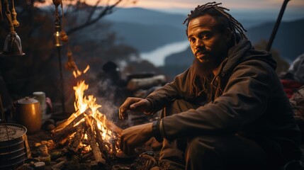 Homeless bearded man sits attempting to shielding from biting cold finding solace in flickering flames by campfire in mountains. Homeless African American man warming-up near campfire.