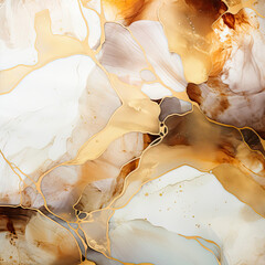 Abstract alcohol ink waves background with gold veins, ai design