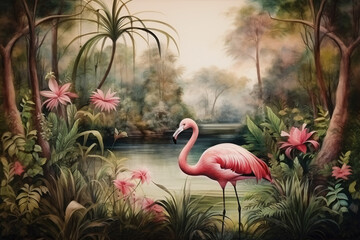 wallpaper of flamingo birds and river in jungle and leaves tropical forest old drawing vintage style background,wall art decoration living room,toilet.