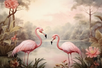 wallpaper of flamingo birds and river in jungle and leaves tropical forest old drawing vintage style background,wall art decoration living room,toilet. © Sara_P