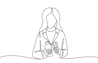  Woman. Pharmacist. Pharmacy. One line