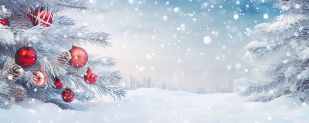 Naklejka na ściany i meble Snow on fir trees. Christmas panoramic winter background