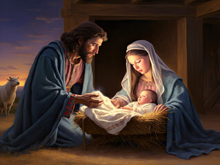 Christmas Christian Nativity Scene of baby Jesus in the manger with Mary and Joseph © vetre