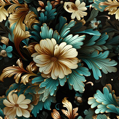 Seamless victorian ornaments floral decoration background with golden elements, ai design