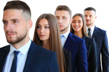Happy smiling business team standing in a row on a transparent background