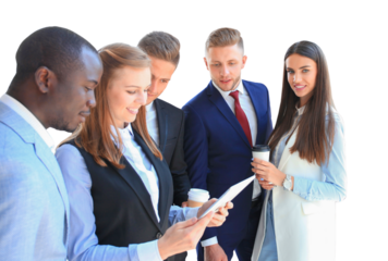 Face of beautiful woman with business people on a transparent background