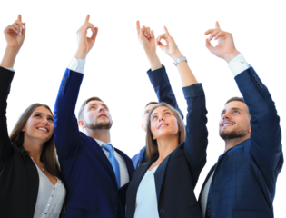 Group of five business people in a row pointing and looking up on a transparent background