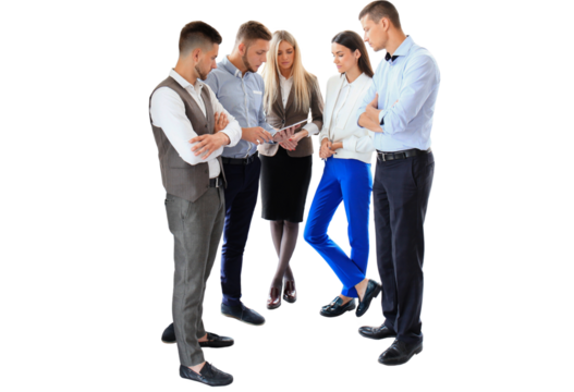 Young professionals work on a transparent background. Business crew working with startup