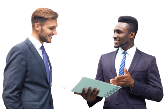 Two multinational young businessmen discussing business at meeting on a transparent background