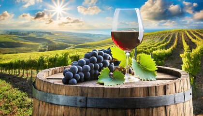 Copa de vino con uvas, sobre tonel de madera en un campo de viñedo.