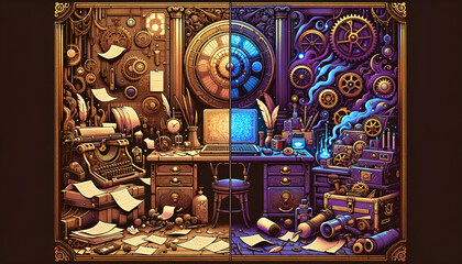 "Richly detailed steampunk study with gears, machinery, vintage technology, and cosmic elements. A blend of antique and futuristic concepts."