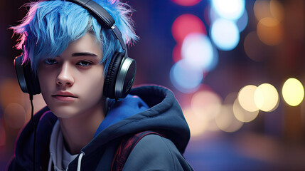 A boy with blue hairs listen music with city lights background