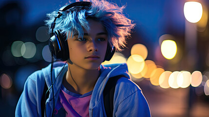 A boy with blue hairs listen music with city lights background