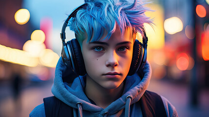 A boy with blue hairs listen music with city lights background