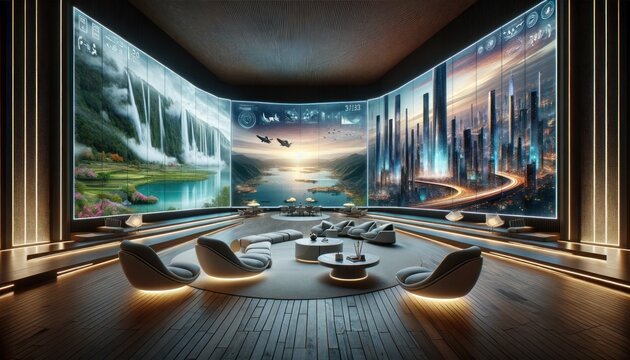 In a futuristic living room, a large table sits beneath a screenshot of a bustling city and a flowing river, surrounded by large screens displaying ever-changing images of indoor art and architecture