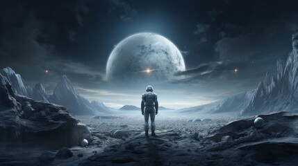 A human cyborg man on a moonscape
