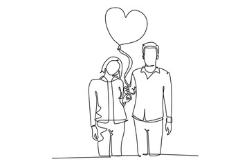Single continuous line drawing young happy man and woman couple take a walk together and holding heart shaped balloon. Romantic marriage love concept. One line draw graphic design vector illustration