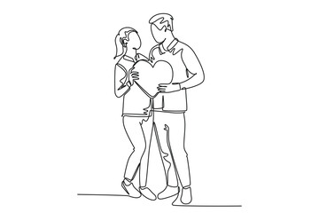 Single one line drawing young happy couple man and woman holding heart shape pillow, smiling each other. Romantic marriage love concept. Modern continuous line draw design graphic vector illustration