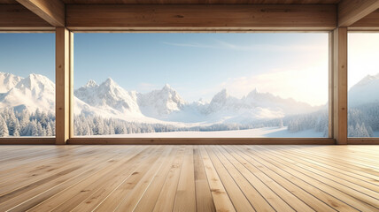 Wooden floor with winter mountain view