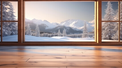 Wooden floor with winter mountain view