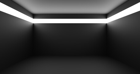 an empty dark room with a light panel around the perimeter, the concept of a secret room with the need to get out, an ascetic interior without windows, 3d rendering